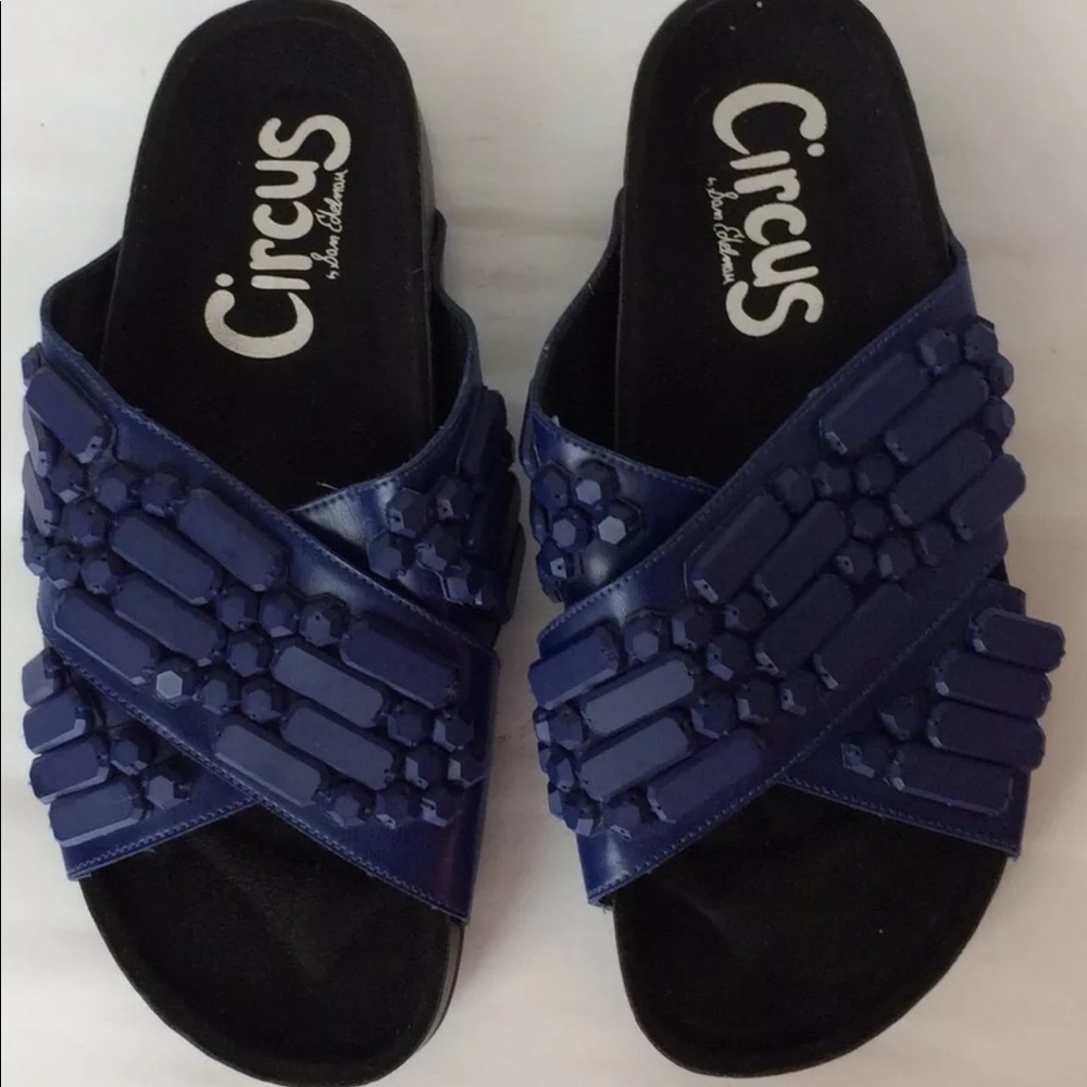 New Circus By Sam Edelman Slide Slip On Sandals Leather Beaded Sz G Cobalt